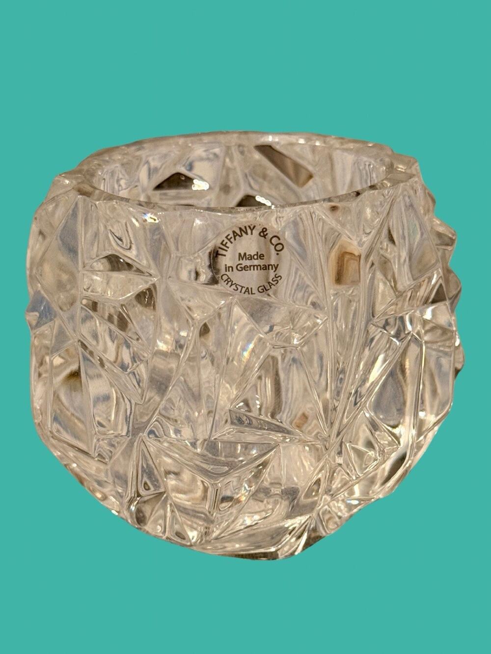 Tiffany & Co Rock Cut Crystal Votive Candle Holder Germany 3” Clear Glass